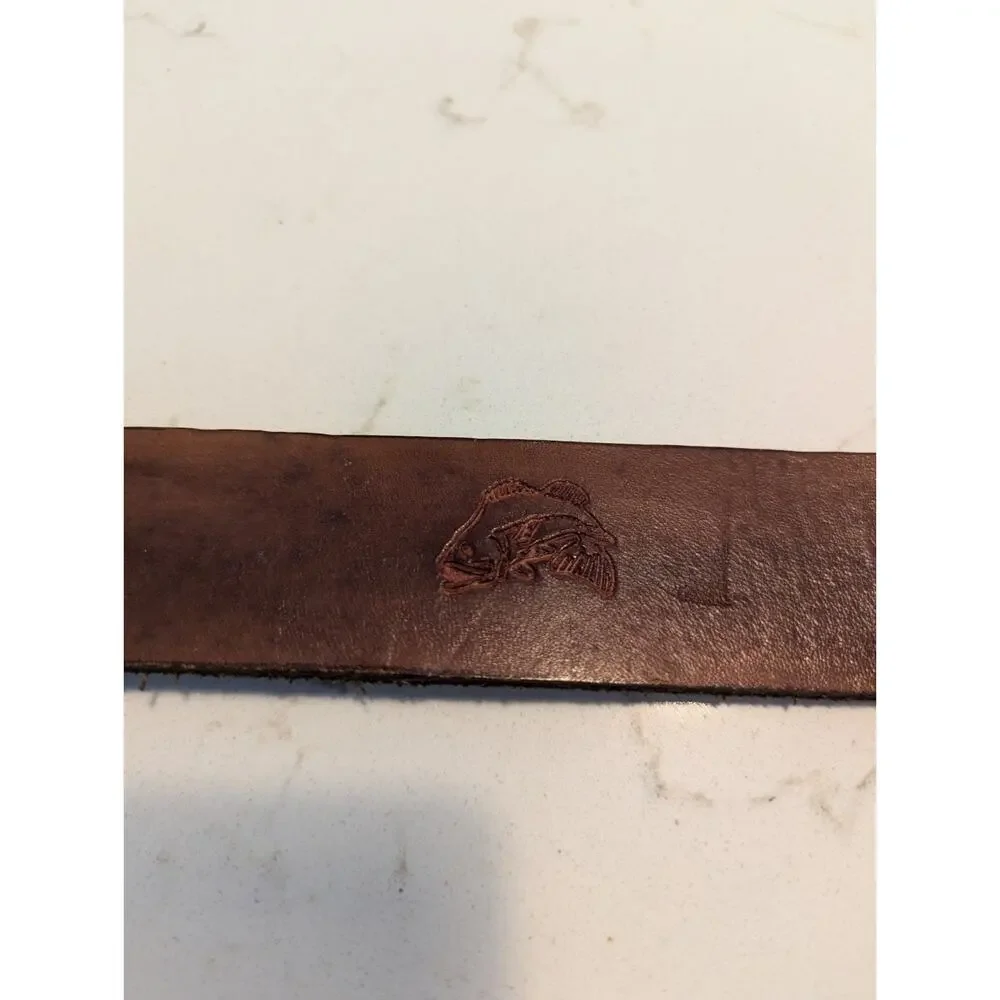 Men's Brown Leather Belt 36 Solid Brass Buckle Fish Embossed